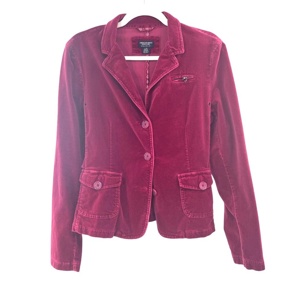 American Eagle Outfitters Velvet Wine Blazer L Adjust Sides Button Cuffs Pockets